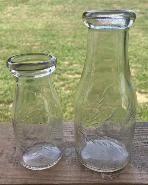 Pr. of DURAGLAS? Milk Bottles w/Floral Cut Etching