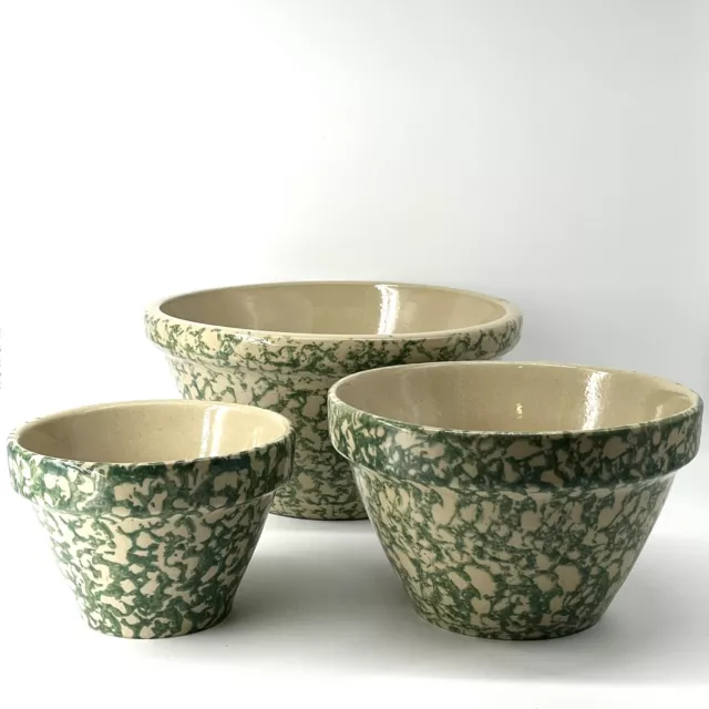 Roseville Robinson Ransbottom Pottery Green Spongeware Mixing Bowl Set EUC