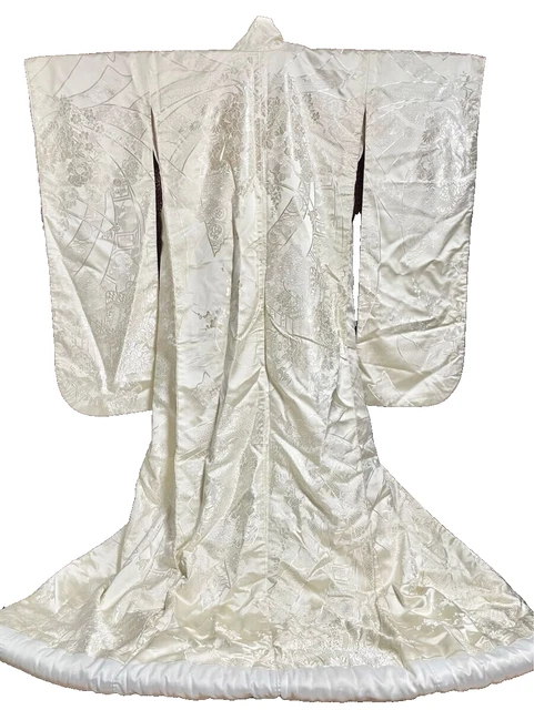 Giapponese Kimono Seta Uchikake Vintage Splendido Matrimonio Peonia Fiore Silver