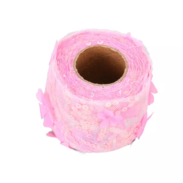 Tulle Roll 10 Yards Embroidered Sequins Flowers Mesh Ribbon Decor(Dark Pink) ◇