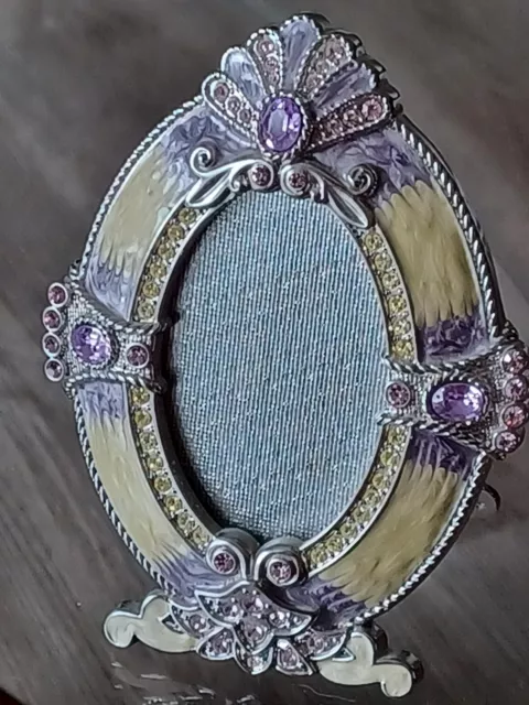Beautiful Enameled and Rhinestone Jeweled Oval Footed Metal Picture Frame
