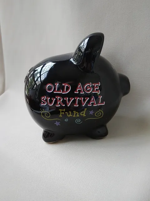Amscan Coin Bank "Old Age Survival Fund" Humorous Black Ceramic Piggy Bank