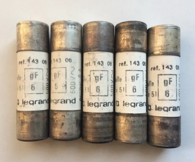 lot de 5 fusibles LEGRAND Gf 6 14x51 mm 500 volts 6 A  ref 143 06