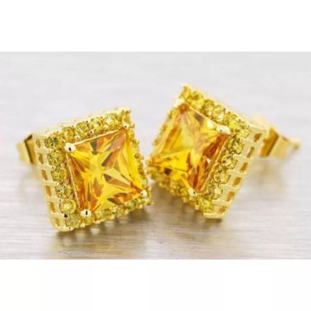 14k Yellow Gold Plated Square Shape Princess Cut Yellow Canary Cz Stud Earrings