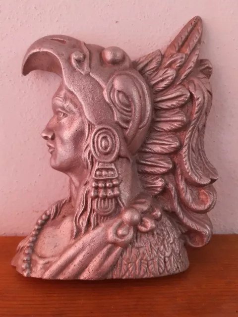 Vintage Mexican Aztec Wall Art decor Cast Metal Figural Plaque Hanging statue