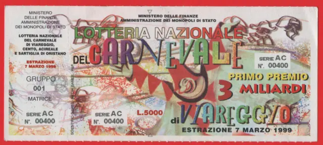 Biglietto Lotteria Di Carnevale Di Viareggio Anno 1999 Perfetto Con Matrice