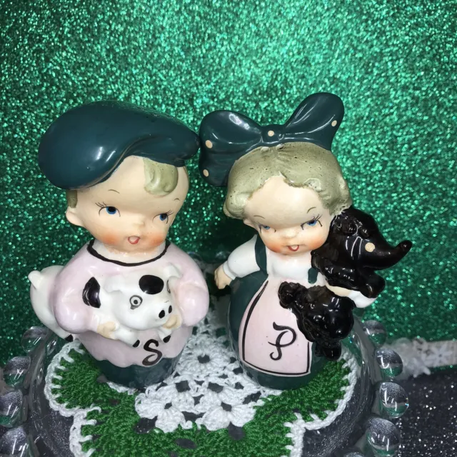 Vtg Napco? Boy W/ Pig & Girl W/ Black Poodle Dog St Patrick’s Day Shakers Japan