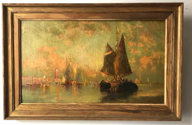 Tableau Ancien Huile Sur Toile - Venise - Vue Maritime Au Crepuscule