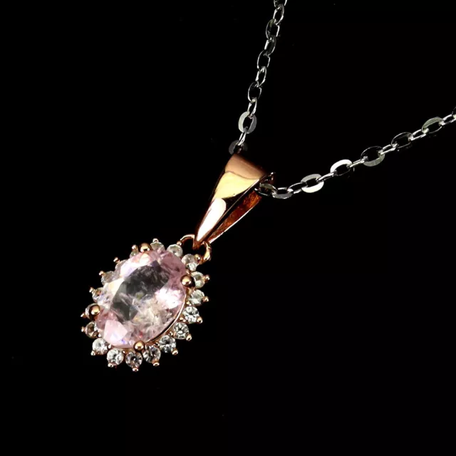 Unheated Oval Pink Morganite 7x5mm White Topaz 925 Sterling Silver Necklace