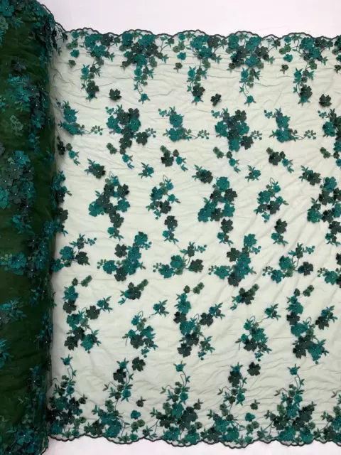 Hunter green 3d floral Daisy design embroider with pearls mesh lace 52"