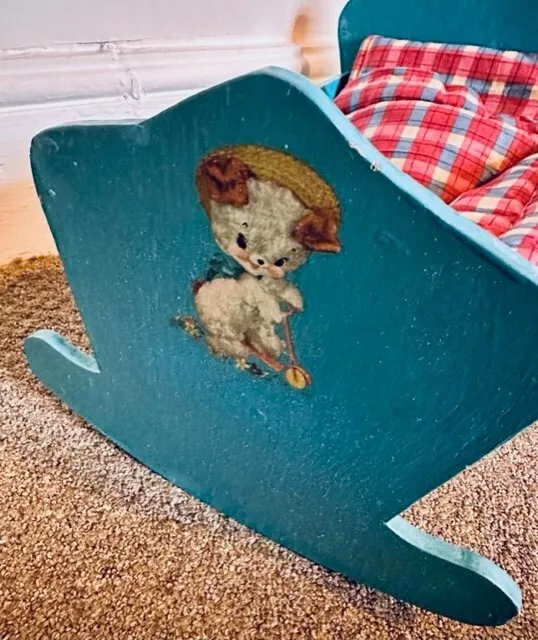 Cute Vintage Wooden Baby Dolls Rocking Cradle Crib Bed Childrens Toy Doll Wood