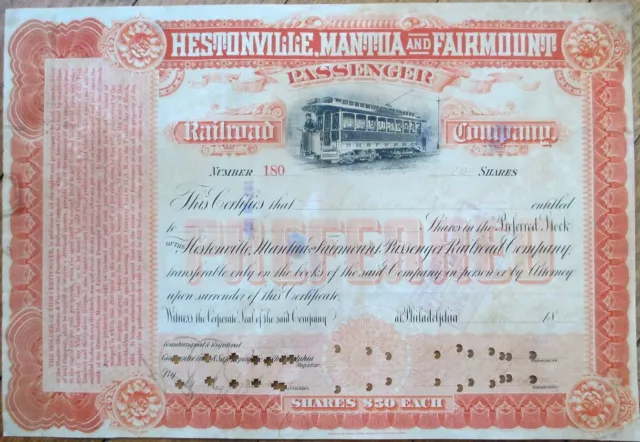 Trolley/Tram 1894 Stock Certificate-Hestonville-Mantua-Fairmount-Philadelphia-PA