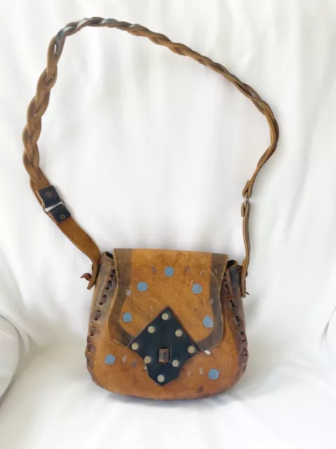 Hippie Boho Style Hand Tooled Embossed Tanned Leather Shoulder Bag