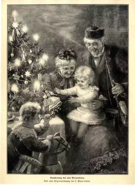 L. Blume- Siebert Bescherung bei den Großeltern Weihnachten Histor. Druck v.1901