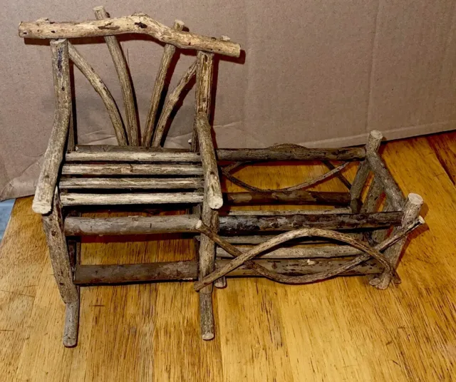 Folk Art Bent Wood Sticks Miniature Chair W/ Cradle For Dolls