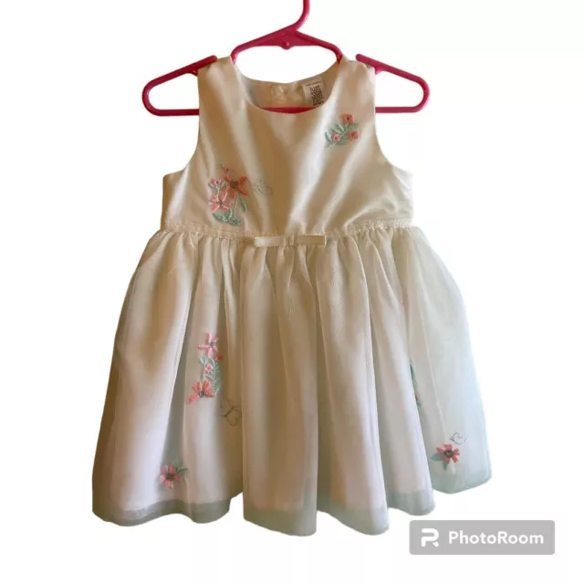 Carter’s Baby Girl White Dress With Embroidered Pink Flowers On Chiffon Size 18m