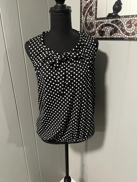 Talbots Top Womens Large Black White Polka Dot Sleevelessl Bow Tie Neck Blouse