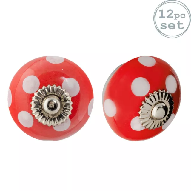 12x Round Ceramic Cabinet Knobs Cupboard Door Drawer Handles Red & White Spot