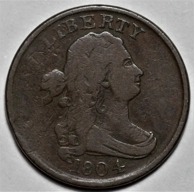 1804 Draped Bust Half Cent - Plain 4/Stemless - US 1/2c Copper Penny Coin - L30