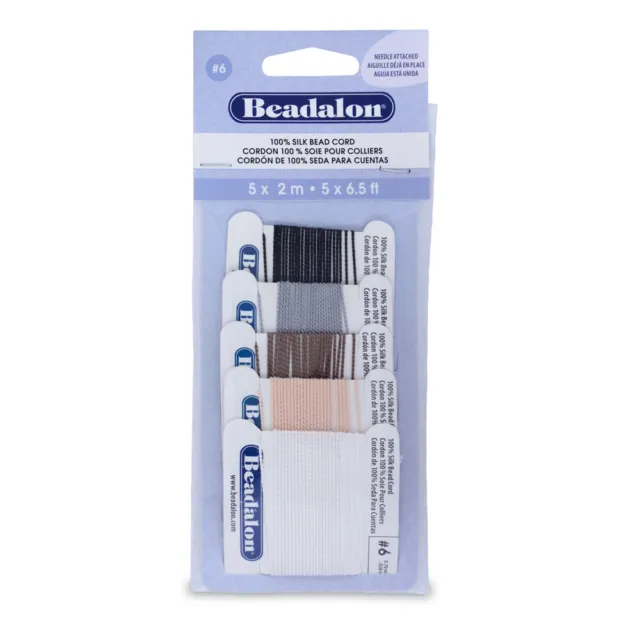 Beadalon® 100% Seide Schnur mit Nadel Größe 06Schwarz, Beige, Braun, Grau, Weiß