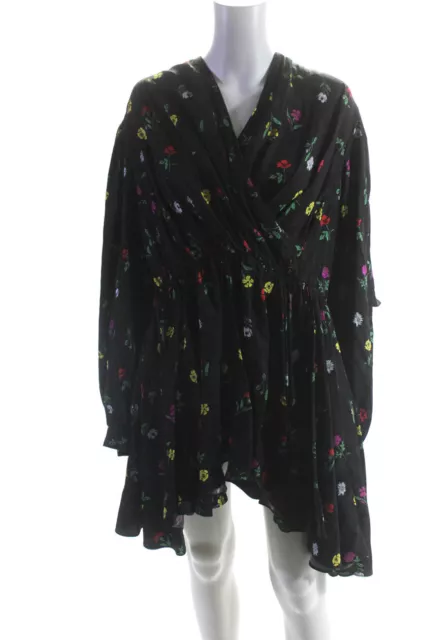 Balenciaga Womens Floral Print Ruched V-Neck Long Sleeve Dress Black Size 38