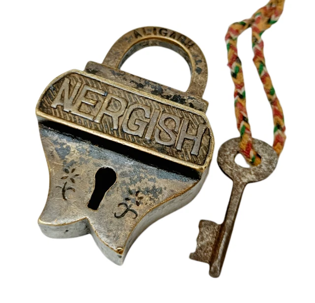 Old Vintage Antique Unique Shape NERGISH Engraved Fine Brass Lock, Collectible