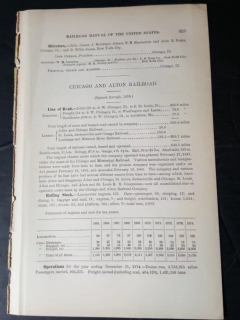 1876 original train report CHICAGO & ALTON RAILROAD Joliet  Roodhouse  Illinois