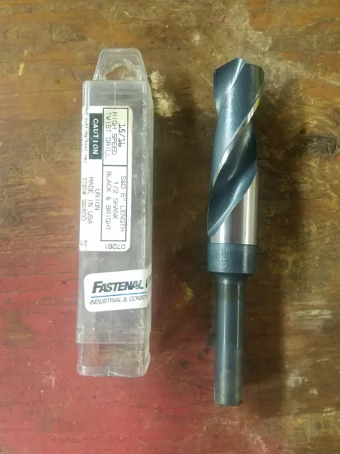 Fastenal 15/16"  Hss Twist Drill Bit 1/2" Shank, 6" Length,  Black & Bright Usa