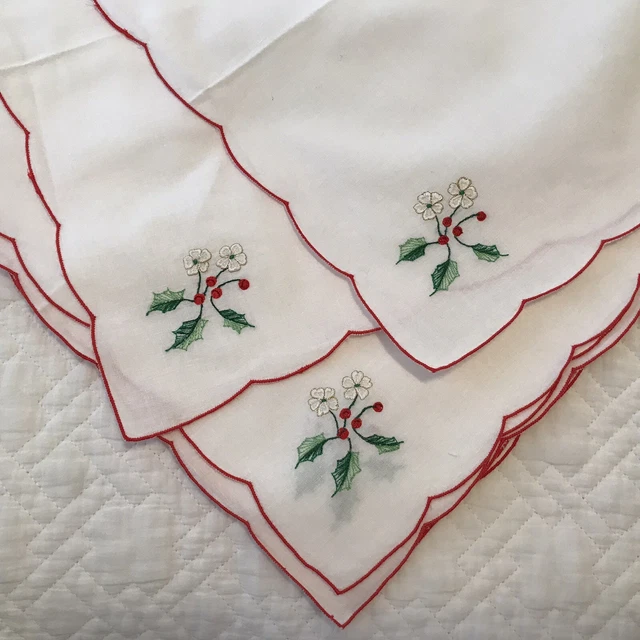 Ocho servilletas bordadas florales de acebo baya borde festoneado nuevas con etiquetas