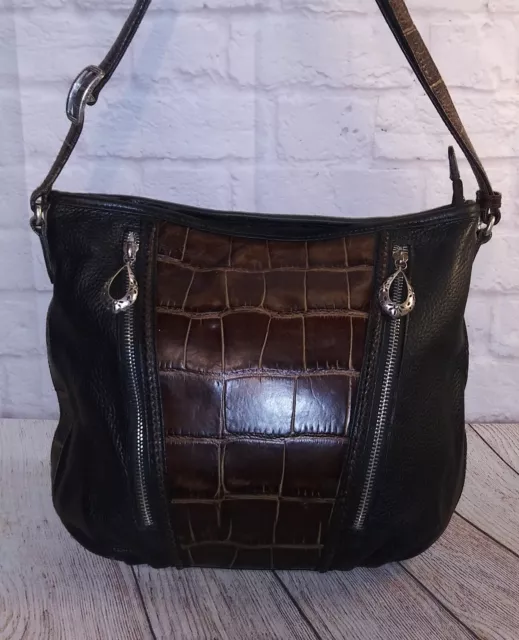VTG Brighton Croc Embossed Pebbled Leather Black Adjustable Strap Hobo Purse Bag