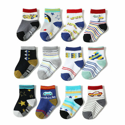 12 Pairs Non Skid Socks Cute Cartoon Cotton with Grips Toddler Baby Boys Socks