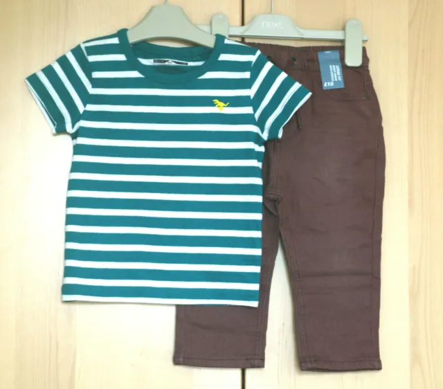 NEXT Baby Boys Green Stripe Top & Burgundy Denim Jeans Age 12-18 Months BNWT