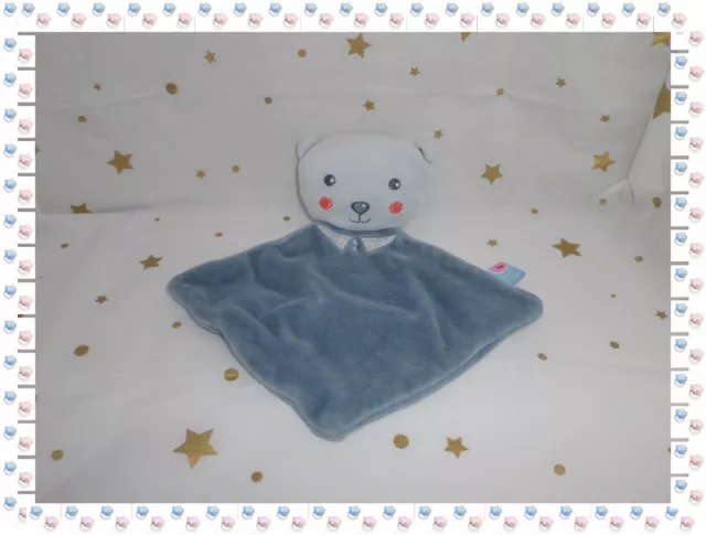 ⑫ - Mini Doudou Plat Carré  Ours Bleu Gris Broderies   Sucre d'Orge