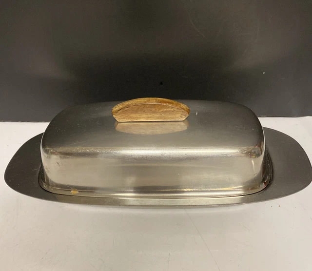 MCM Selandia Butter Dish 2 Piece Wood 9” By 4” Stainless Steel Set 18/8