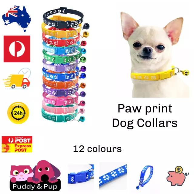 Dog Puppy Pet Collar Adjustable Nylon Paw Print pink blue red black green purple