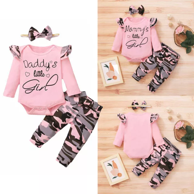 Newborn Baby Girls Clothes Ruffle Romper Bodysuit Tops Camo Pants Outfit Set