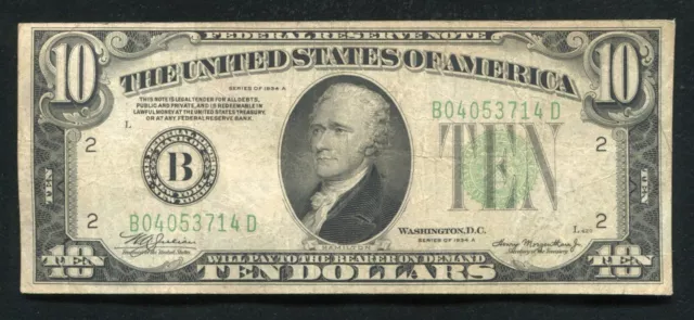 1934 $10 Ten Dollars Frn Federal Reserve Note New York, Ny Very Fine