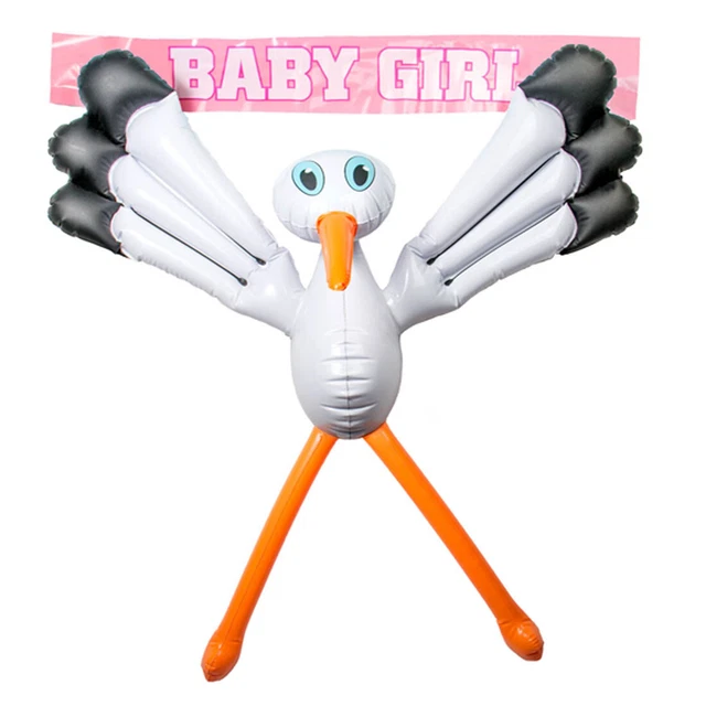 Cicogna gonfiabile con due striscioni intercambiabili baby boy e baby girl