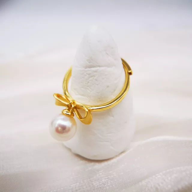 Ribbon Natural Pearl Dangle Ring, Adjustable 18K Gold Plated Pearl Ring