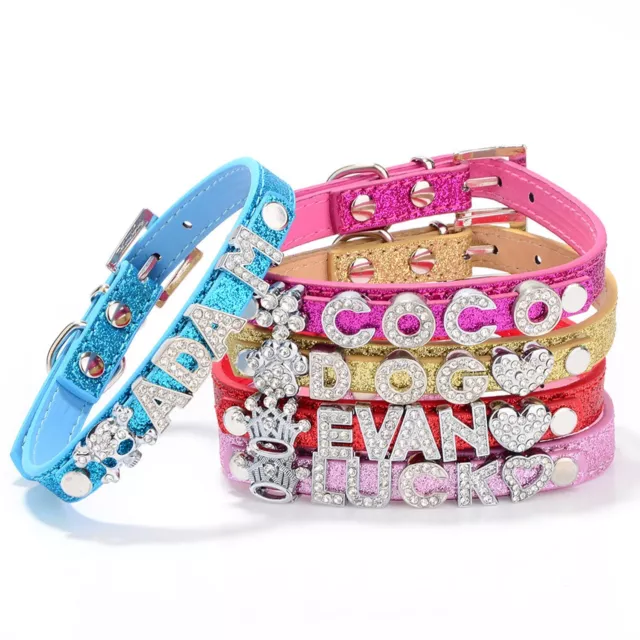 Personalised Dog Cat Collar DIY Name Letter Small Pet Puppy Bling Leather Collar