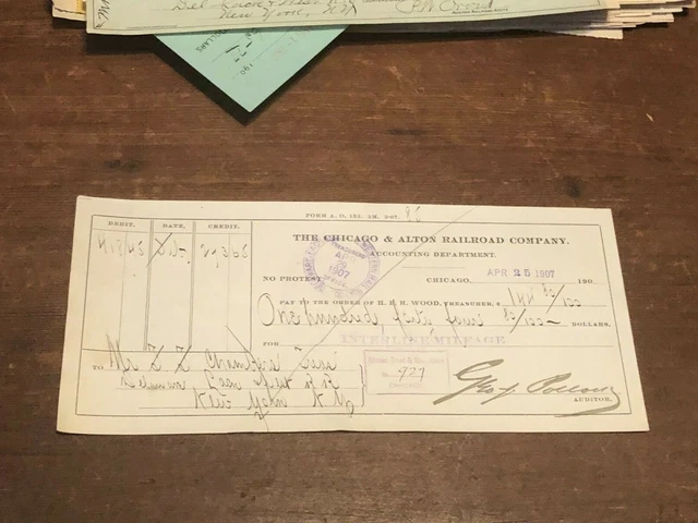 1907 Vintage Chicago IL Railroad Bank Check Chicago & Alton RR Co to DL&W RR !!