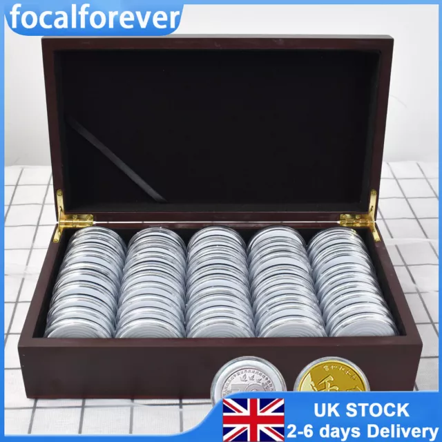 50PC 46MM Coins Capsule Storage Display Box W/ Wooden Case Holder Collection Box