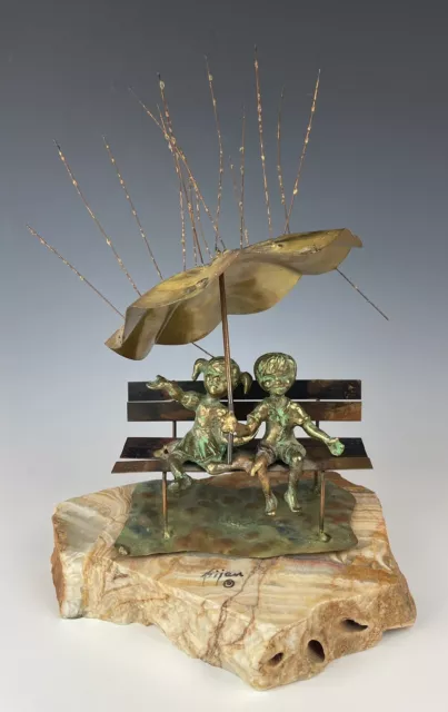 Brian Bijan Mid-Century Brass & Copper Kids On A Bench Rainy Day Sculpture