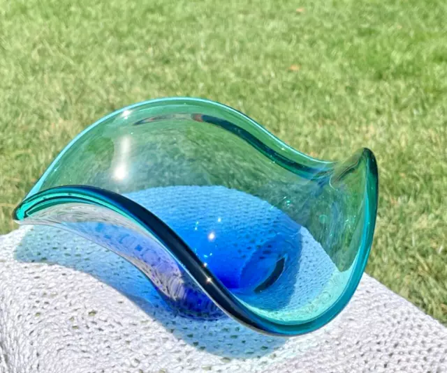 Murano Hand Blown Art Glass - Wavy Blue Green Bowl