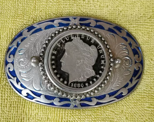 1880 Morgan Silver Dollar Coin Western Ornate Scroll Vintage Blue Belt Buckle