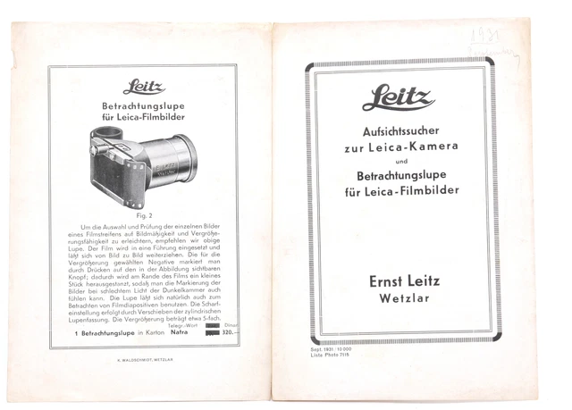 Vintage Leica Leitz Sales Brochure Sheet List Photo 7115 July 1931