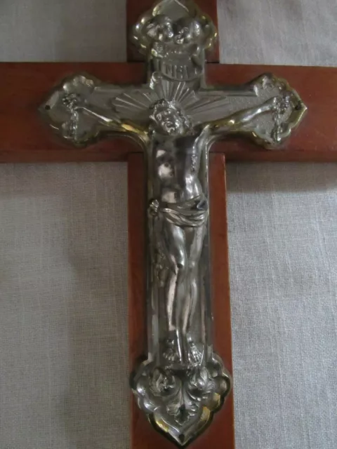 Antique European Catholic Crucifix Wood & Pewter Vintage Jesus Cross Religious