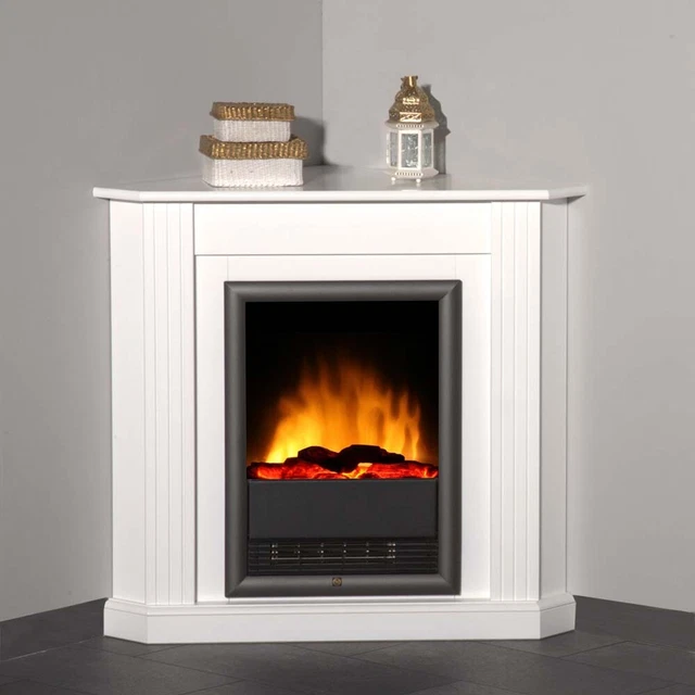 Eck Stand Elektro Kamin brillant weiß Heizung LED Effekt Flammen Wohn Zimmer