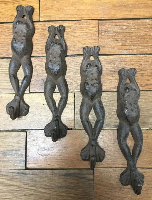 4 Frog Toad Coat Hooks Hat Wall Keys 7-1/2" rustic Pond iron hanger Garden Deck