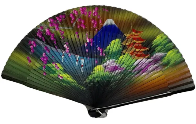 Vintage Japanese Folding Hand Fan Reticulated Scenic Artwork
